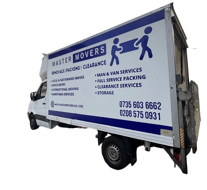 Master Movers London removals van offering house moves, office relocations, packing, clearance and international moving services across the UK and Europe.