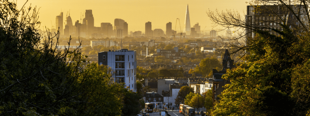 Archway North London skyline with residential buildings, Junction Road high street and views towards Highgate and Hampstead Heath on a clear day
