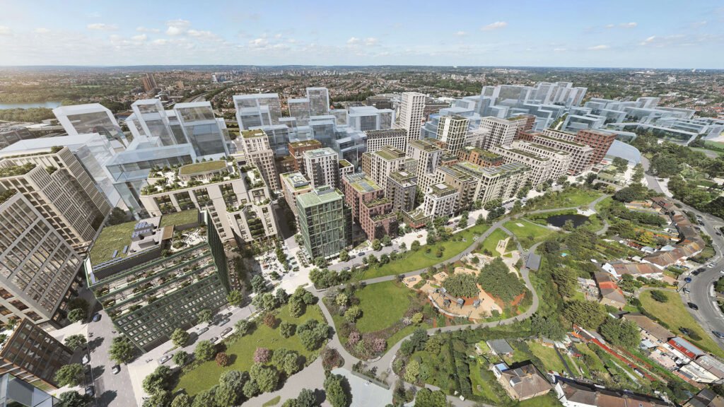 Brent Cross Town regeneration aerial view showing modern residential buildings, green park spaces and new urban development in North West London