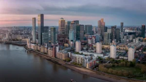 Canary Wharf skyline in East London with modern high-rise buildings and financial district skyscrapers